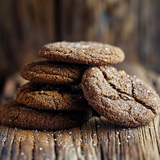 Stack of molasses sugar cookies on a wooden surface with a blurred background