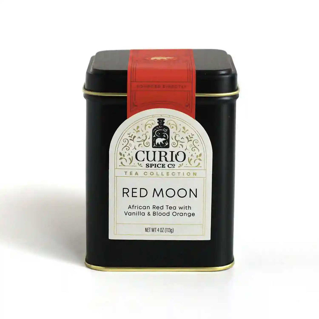 An aluminum tin of Red Moon, an African Red Tea with Vanilla &amp; Blood Orange
