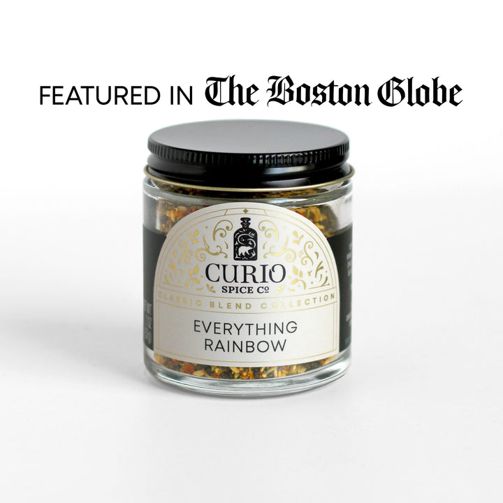 Curio Spice Co. Classic Blend Everything Rainbow in a glass jar, as featured in the Boston Globe.