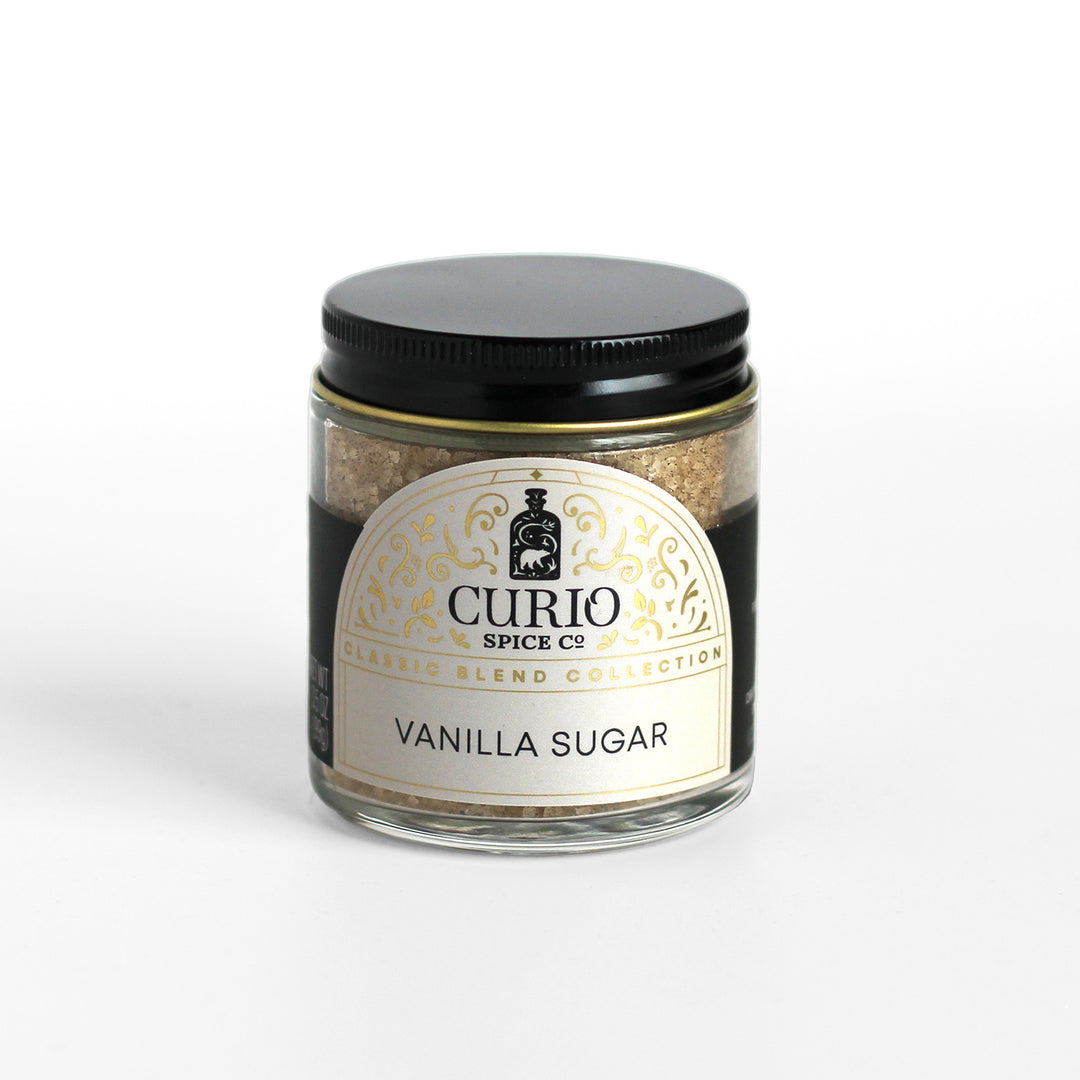 Curio Spice Co. Classic Blend Vanilla Sugar in a glass jar.