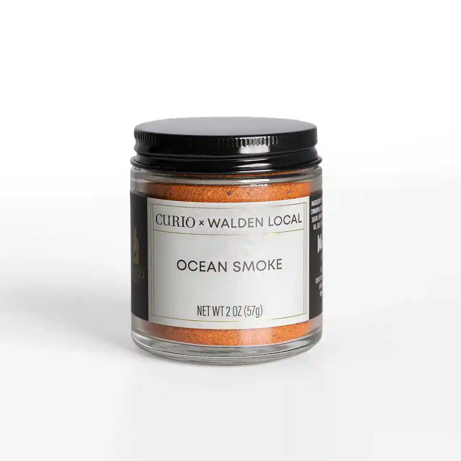 A glass jar of Ocean Smoke, a collaboration spice blend with Walden Local and Curio Spice