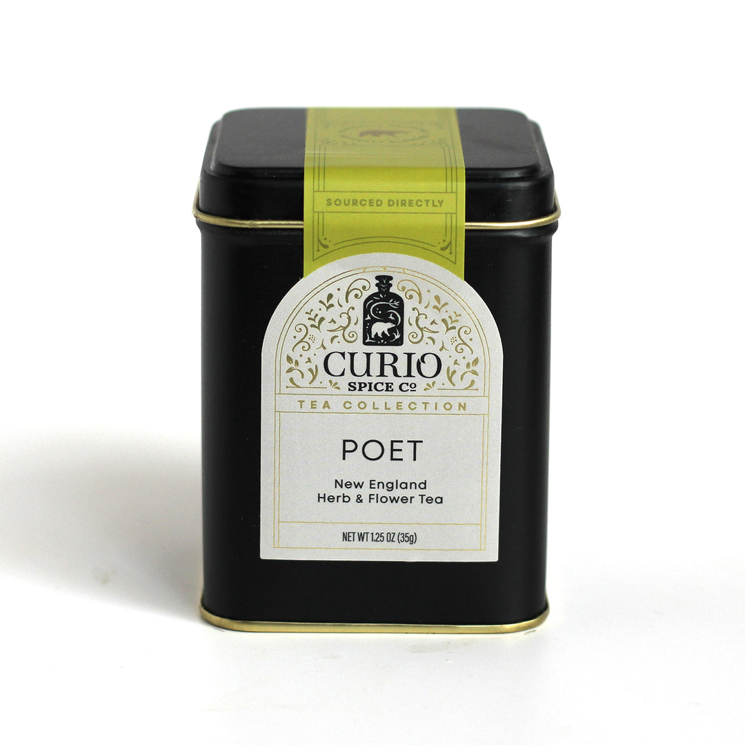 Loose leaf tin of Poet Tea, a New England Herb &amp; Flower Tea Blend