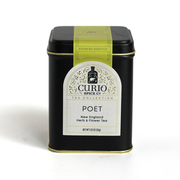 Loose leaf tin of Poet Tea, a New England Herb &amp; Flower Tea Blend