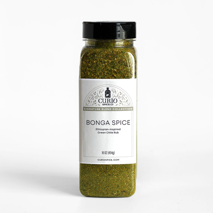 Bulk 16 oz. jar of Bonga Spice, an Ethiopian-inspired green chile rub