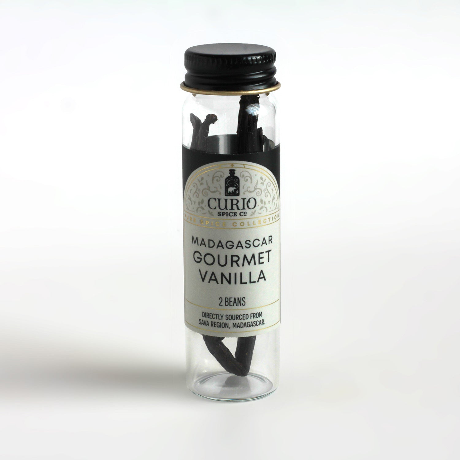 Curio Spice Co. Madagascar Gourmet Vanilla Bean Pods in a glass jar.