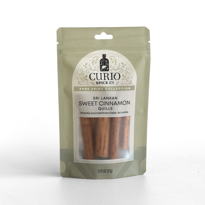 Curio Spice Co. fair-trade single origin sustainable Sri Lankan Sweet Cinnamon quills in a resealable bag.