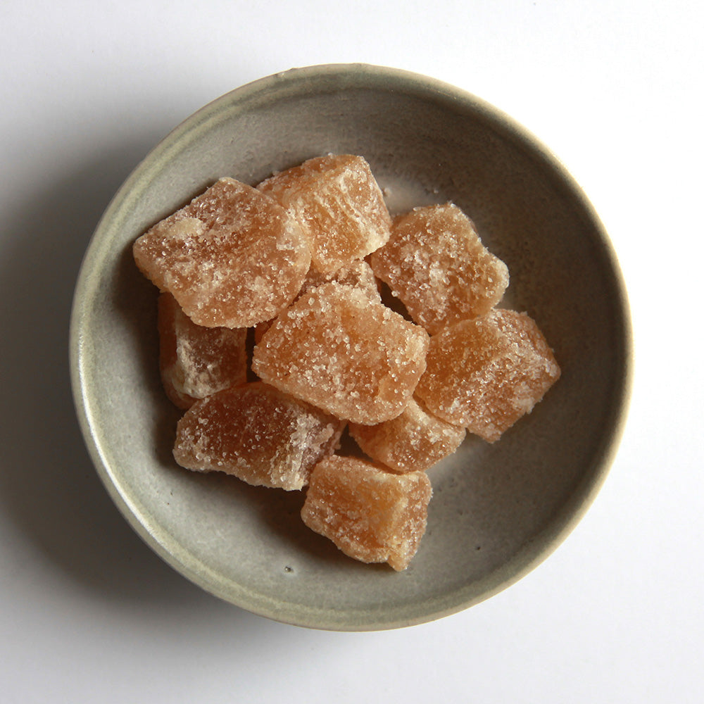 Top-down of crystallized ginger pieces