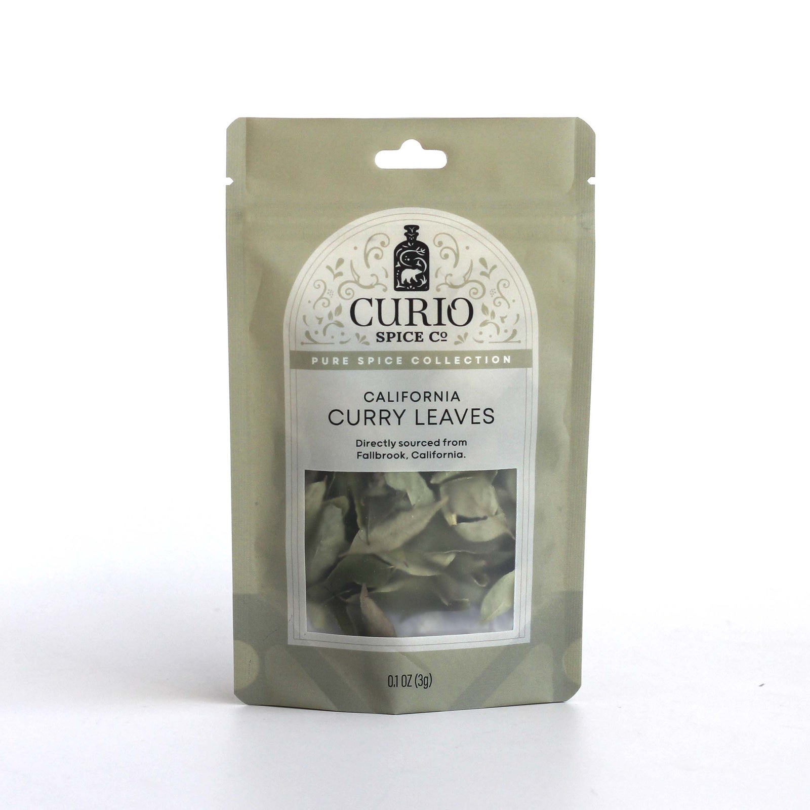 Resealable bag of California curry leaves, directly sourced from Fallbrook, CA.