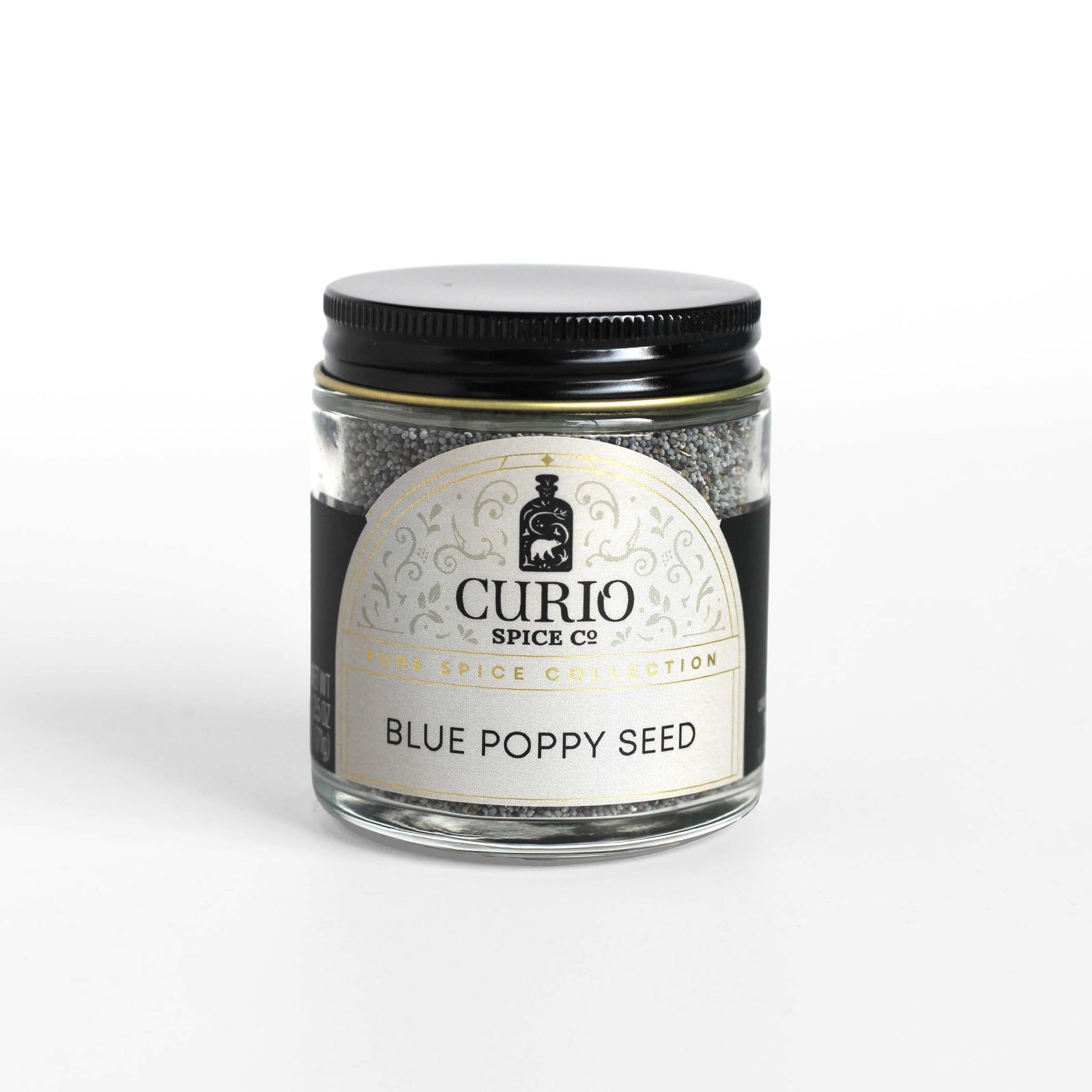 Curio Spice Co. fair-trade single origin sustainable blue poppy seed in a glass jar.