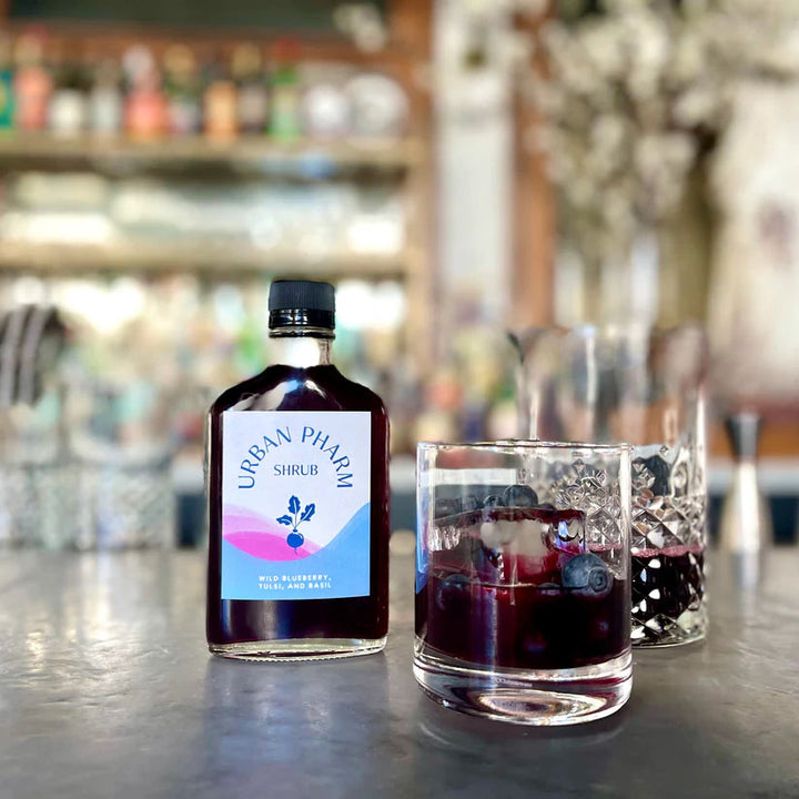 Urban Pharm Wild Blueberry &amp; Basil shrub in a cocktail