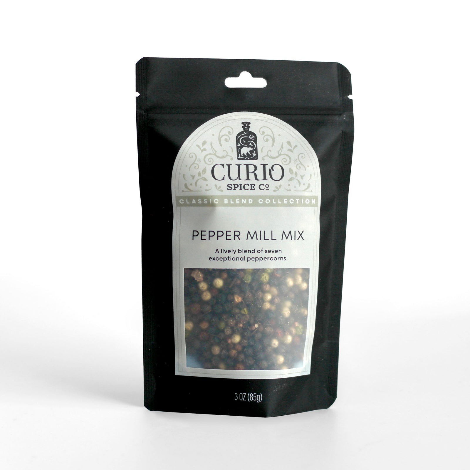 Resealable bag of Pepper Mill Mix, a lively blend of seven exceptional peppercorns.